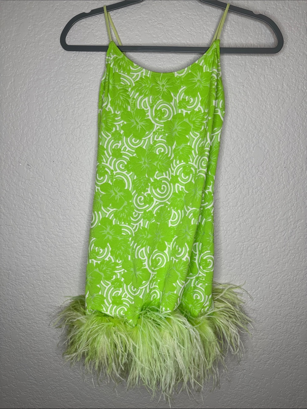 Leslie Amon Laurie Feather Dress Green Hibiscus Small Jacquard Knit - Picture 2 of 8